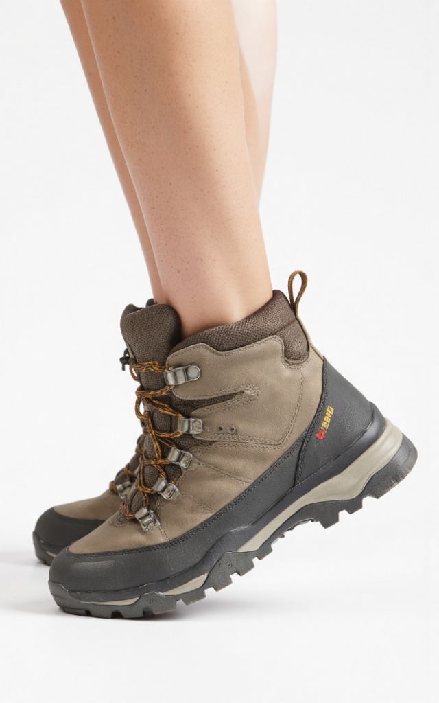 A female model wearing hiking boots, against a white background, with a close   up of the feet